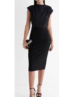 Express Black Midi Sheath Dress XL | Draped Mock Neck Work Office